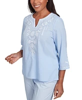 Alfred Dunner Petite Embroidered Split-Neck 3/4-Sleeve Top