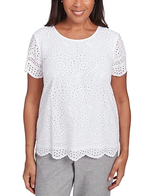 Alfred Dunner Petite Cotton Eyelet Scalloped Short-Sleeve Top
