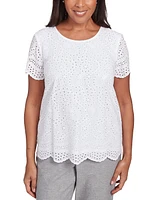 Alfred Dunner Petite Cotton Eyelet Scalloped Short-Sleeve Top
