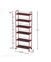 Red 6 Tier Slim Rolling Storage Cart, Mobile Shelving Unit with Wheels, Metal Wire Storage Shelving Rack with Baskets for Kitchen Bathroom Office Laun
