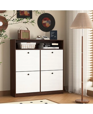 Shoe Storage Cabinet: 4 Flip Drawers, Wooden Handles, Freestanding, Anti-Tip Fitting