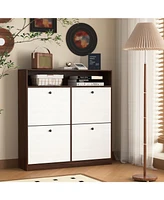 Shoe Storage Cabinet: 4 Flip Drawers, Wooden Handles, Freestanding, Anti-Tip Fitting