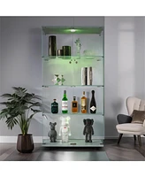 Lighted Two Door Glass Cabinet Glass Display Cabinet with 4 Shelves, White