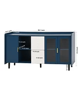 Modern Kitchen Pantry Storage Cabinet, 55" Coffee Bar Storage Cabinet with 2 Drawers, 2 Open Storage Compartment & 2 Glass Doors, Wood Buffet Tab