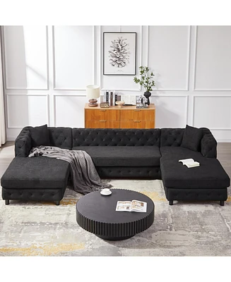 126-inch Modern Style Chenille Three Piece Sofa, Pull Point Design U-shaped Sofa two Chaise Longue Seats, two Pillows and Plastic Feet, Suitable for L