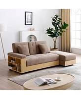 Convertible Sofa Bed with Ottoman, Storage Drawer, Drop Table, and Cup Holders (Light Brown)