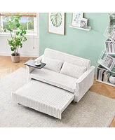 Beige Corduroy Pull-Out Sofa with Tabletop and Usb Ports