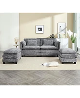 Plush Chenille Sofa with Detachable Armrests, Footstools and Side Pockets