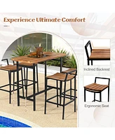 5 Piece Acacia Wood Bar Table Set Bar Height Table and Chairs with Metal Frame and Footrest