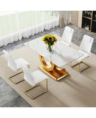 63" Glass Dining Set: Marble Table & 4 White/Gold Chairs