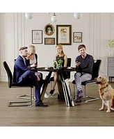 Round Table and 4 Black Chairs with Silver Metal Legs, Sintered Stone Tabletop
