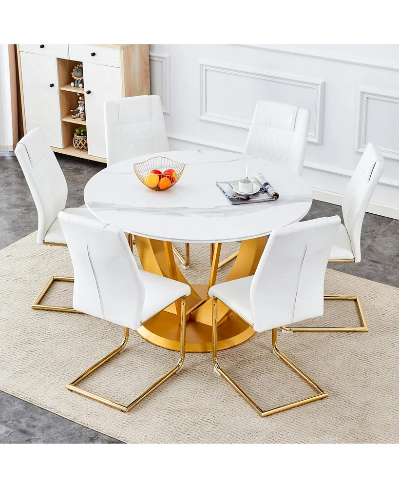 Snow Mountain White Slab Dining Set with 6 Pu Chairs