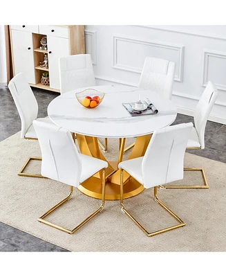 Snow Mountain White Slab Dining Set with 6 Pu Chairs