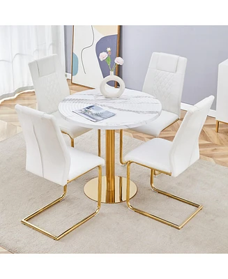 Elegant White Marble Table (31.5") & 4 Pu Chairs with Gold Accents