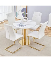 Elegant White Marble Table (31.5") & 4 Pu Chairs with Gold Accents