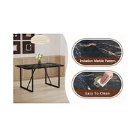 Modern Dining Set with 6 Upholstered Chairs, 55"x31.4" Black Marble Pattern