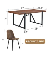 Industrial Walnut Dining Set: 71" Table + 8 Brown Chairs