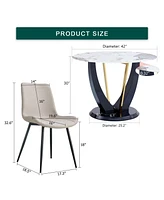 Pandora Marble Dining Set: 42" Glass Table & 4 Pu Chairs