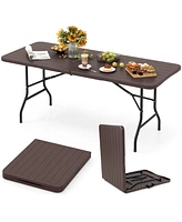 6 Feet Folding Table with Wood Grain Hdpe Tabletop and Safe Lock Mechanism-Brown