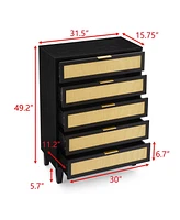 Bedroom 5 drawer dresser, rattan dresser modern wooden chest of drawers with spacious storage space for bedroom hallway living room