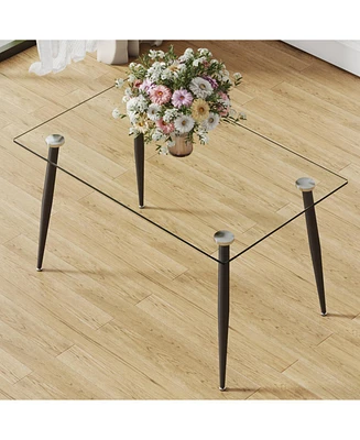 Modern Glass Dining Table, Black Metal Legs, 4-6 Seats