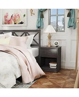 Wooden Nightstand with Drawer and Open Storage Compartment