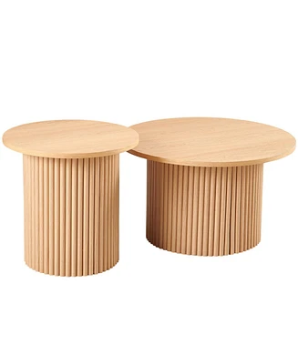 Oak Veneer Coffee Table Set: 2 Round Tables with Metal Base