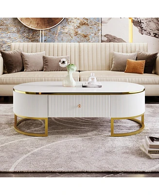 Modern Oval Coffee Table with Drawers,Curved Profile Design, Gold Metal Decor, Center Table for Living Room in 47.2"