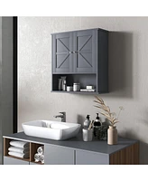 Farmhouse Bathroom Wall Cabinet, Wall Mounted Medicine Cabinet with Open Shelf & Adjustable Shelf, Storage for Laundry Room, Gray
