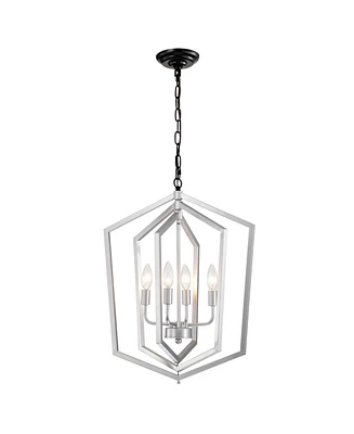 4-Light Farmhouse Chandelier, Matte Black & Silver with Vintage Cage Fixture, Adjustable Height