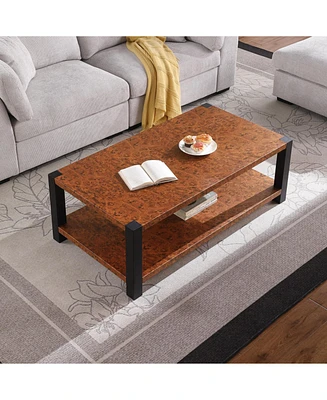 Burl Wood Grain Coffee Table with Matte Black Double Layer