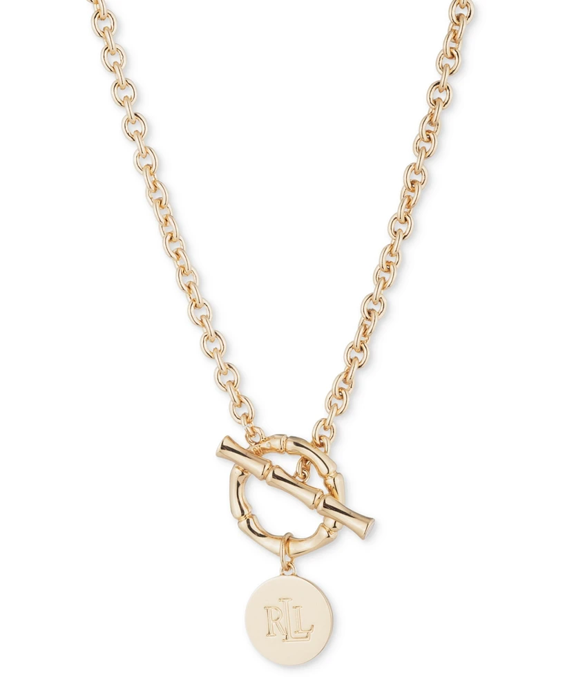 Lauren Ralph Lauren Gold-Tone Logo Disc Bamboo-Inspired Toggle 16" Pendant Necklace