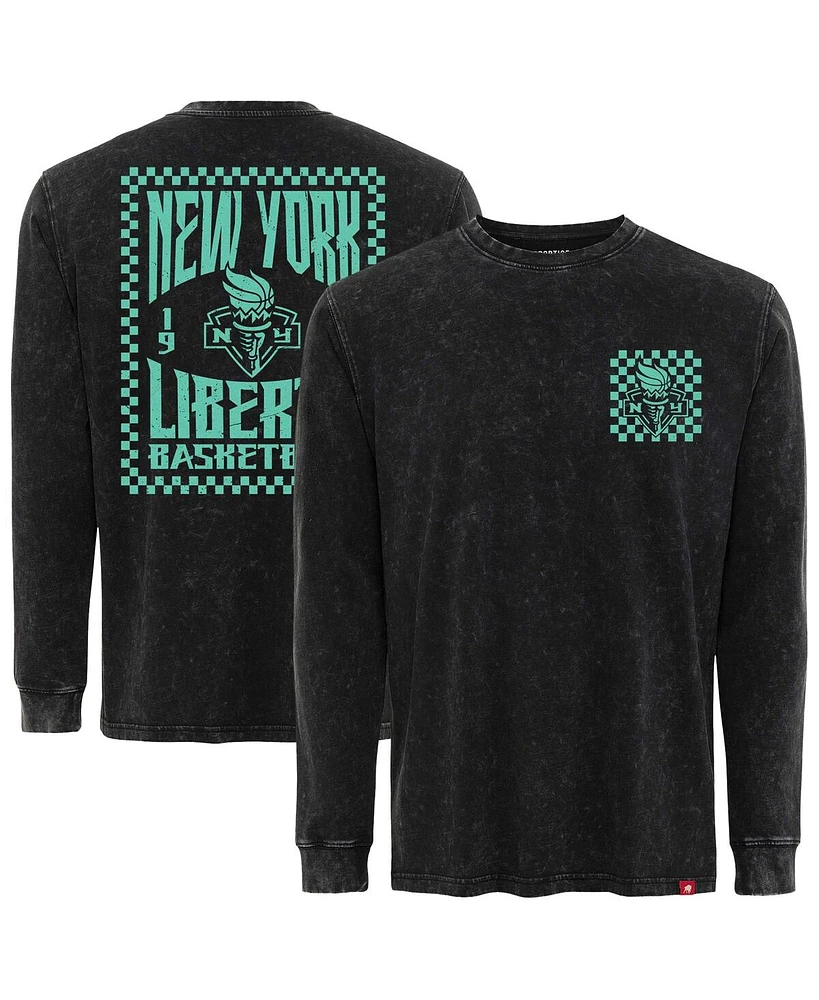 Sportiqe Men's and Women's Black New York Liberty Rock Roll Collection Bono Mineral Wash Premium Long Sleeve T-Shirt