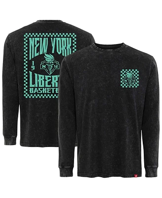 Sportiqe Men's and Women's Black New York Liberty Rock Roll Collection Bono Mineral Wash Premium Long Sleeve T-Shirt