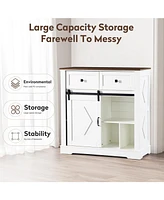 Sliding Barn Door Sideboard Cabinet with Storage and Drawers (White and Walnut)