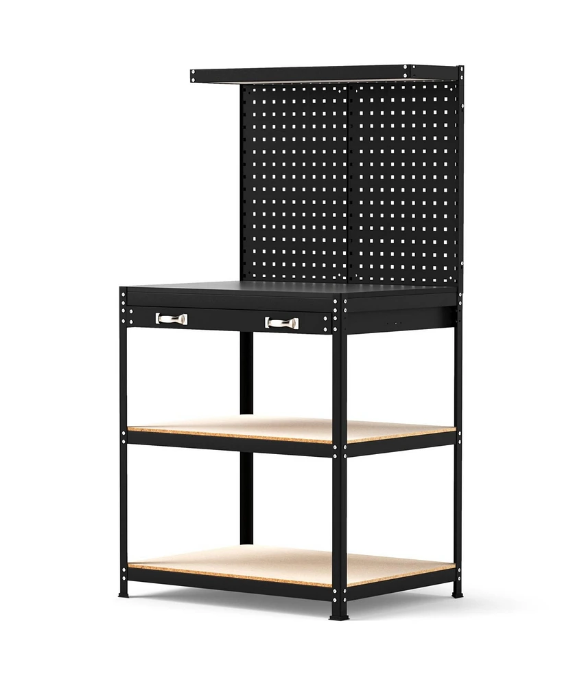 32 x 16 Inch Workbench Work Table with 2 PCs Pegboard Drawer and Shelves-Black