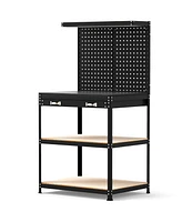 32 x 16 Inch Workbench Work Table with 2 PCs Pegboard Drawer and Shelves-Black