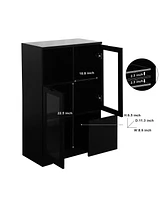 Wooden Floor Cabinet with 2 Glass Doors and 2 Storage Space, Black, Living Room Bathroom Entryway