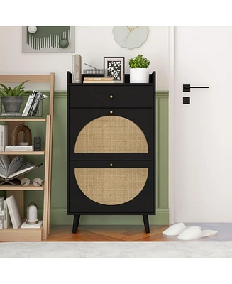 Rattan, Allen 2 door 1 drawer cabinet, shoe rack, double layer