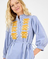 julia jordan Women's Striped Embroidered Tie-Waist Dress