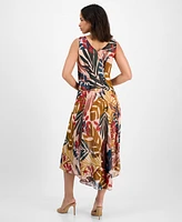 Robbie Bee Women's Printed Draped-Neck Asymmetric Dress