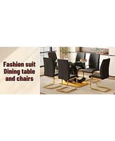 63" Glass Dining Set with 6 Black Chairs & Gold Legs