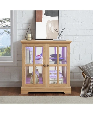 Antique Led Curio Display Cabinet, Adjustable Shelves, Lattice Doors, Oak Showcase