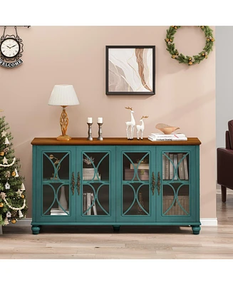 European Antique 4-Door Cabinet with Glass Doors for Living Space, Dark Green