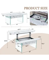 Multifunctional Lift Top Coffee Table with Modern Marble Pattern and Tempered Glass Legs
