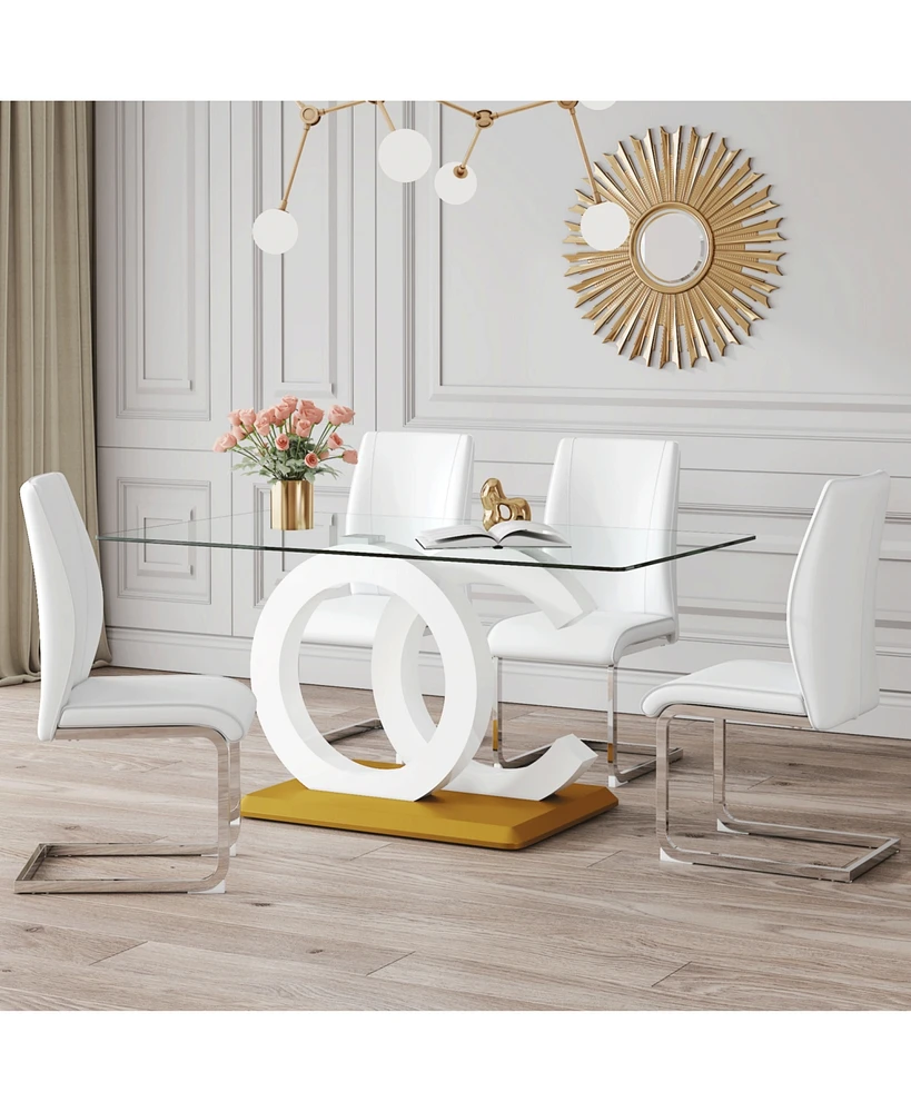 Luxurious Glass & Pu Dining Set with White Chairs