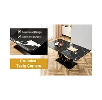 Black Marble Pattern Tempered Glass Dining Set - 71"x35.4" with 8 White Pu Chairs With a Widened Backrest Design