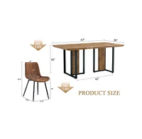 Wood-Textured Mdf Dining Set with 4 Brown Suede Chairs