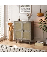 4-Doors Rattan Mesh Storage Cabinet, Sideboard with Eight Storage Spaces, for Entryway, Living Room, Hallway (Grey with Woodgrain)