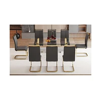 71" Glass Dining Set with 8 Black Pu Chairs & Gold Metal Legs